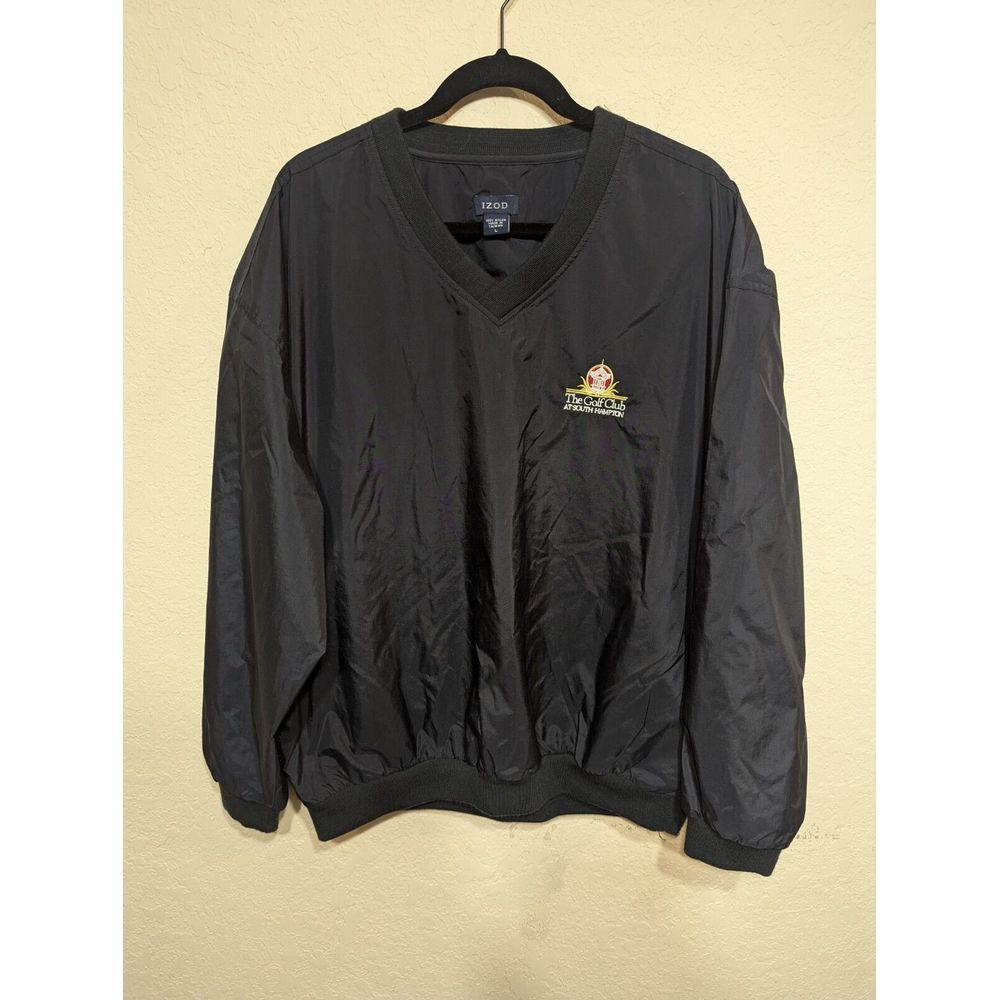 IZOD Golf Windbreaker Jacket Mens L Black Embroidered South Hampton Club Vintage